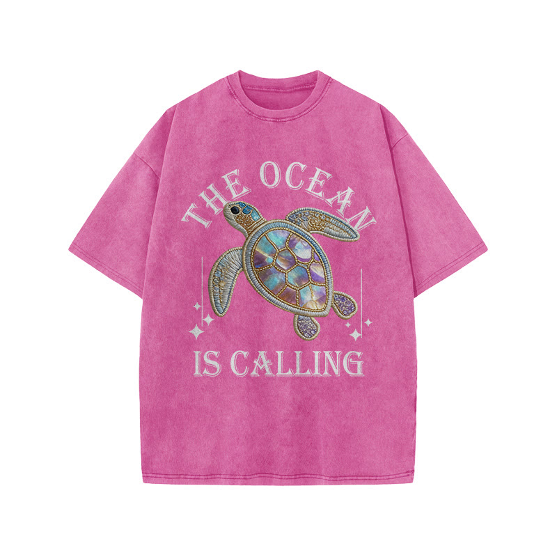 The Ocean Is Calling Sea Turtle Print Acid Washed T-shirt - Pink - US20-22(3XL) - image 7