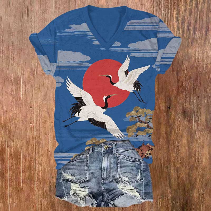 Japanese Vintage Crane Flying Around The Sun Print V-neck T-shirt - Blue - US32-34(5XL) - image 3