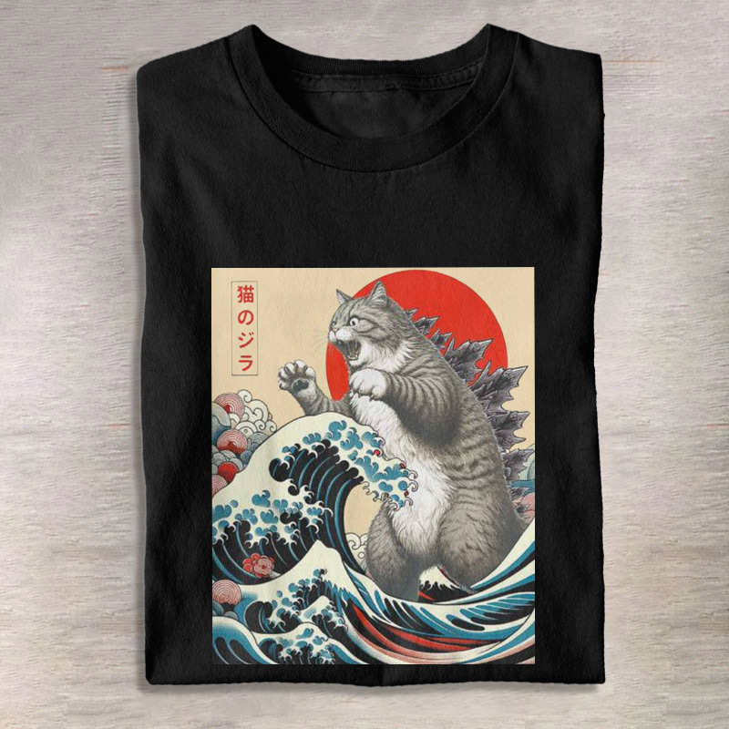 100% Cotton Funny Japanese Catzilla Print T-shirt