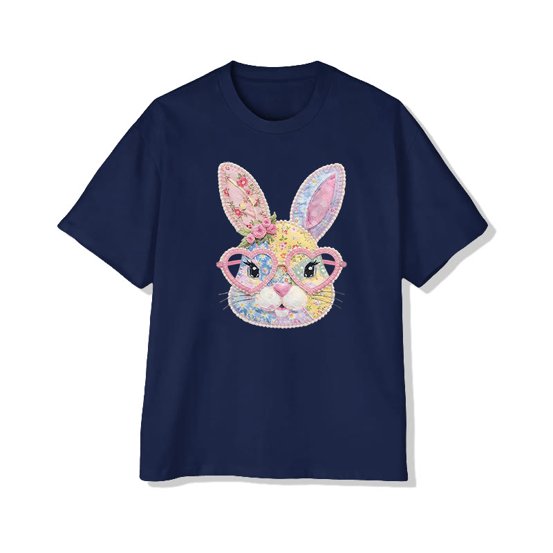 Easter Glasses Bunny Garden Flowers Print Pattern Cotton Print T-shirt - Navy Blue - US16-18(2XL) - image 7