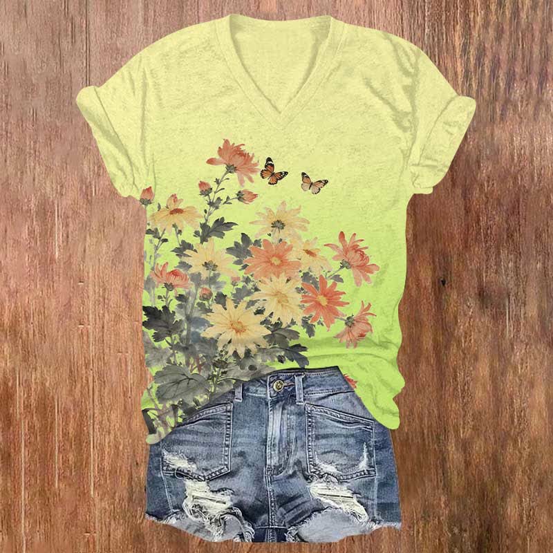 Butterflies And Flowers Art Print V-neck T-shirt - Green - US32-34(5XL) - image 3