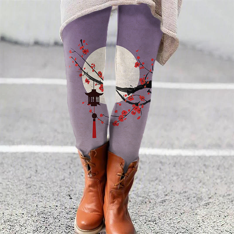 Japanese Sun & Lantern On Plum Blossom Art Print Leggings - Purple - 5XL - image 3