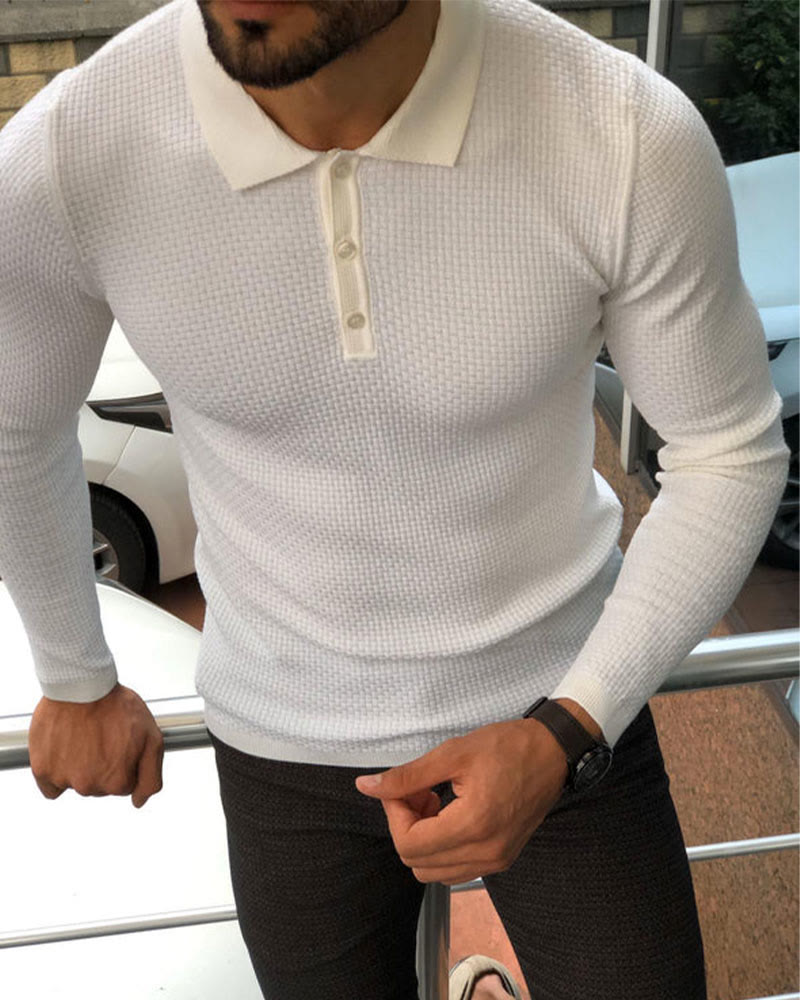 Men's Solid Color Waffle Long Sleeve Polo Shirt - image 7