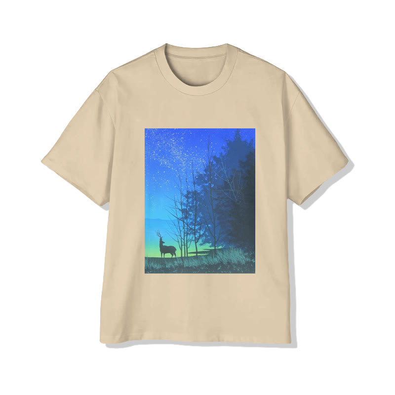 Unisex Starry Night Deer Forest Art Print Short Sleeved Crew Neck T-Shirt - Apricot - 2XL - image 3