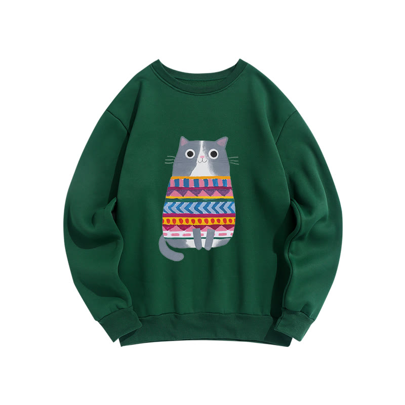 Funny Cat Wearing Colorful Striped Sweater Print Crew Neck Sweatshirt - Green - US16-18(2XL) - image 7