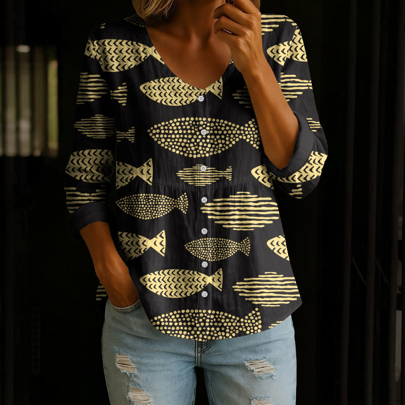 Minimalist Geometric Fish Print Button V-neck A-line Long Sleeve Blouse - Black - 4XL - image 5