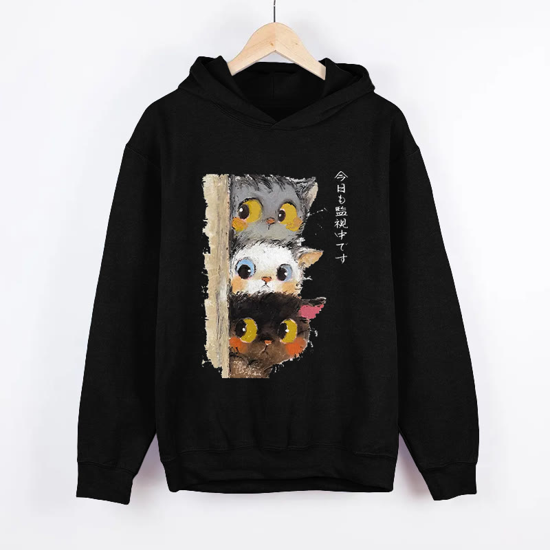 UnisexThree Cats Secretly Monitor Their Owner Pattern Long Sleeved Hoodie - Black - US44-46(8XL) - image 5