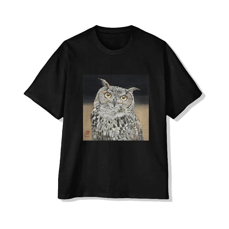 Unisex Owl Portrait Art Print Short Sleeved Crew Neck T-Shirt - Black - 2XL - image 4
