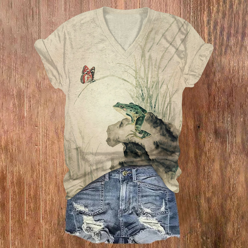A Japanese-style Frog On The Shore Printed Short Sleeved V-neck T-shirt - Apricot - US32-34(5XL) - image 1