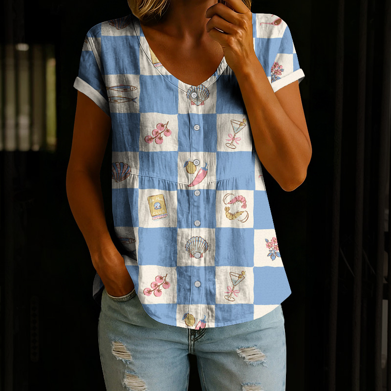 Summer Vibe Blue And White Plaid Pattern Print Button V-neck A-line Short-sleeve Blouse - Blue - 4XL - image 1