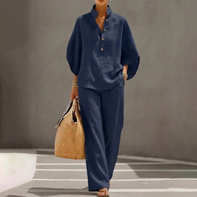Casual Solid Loose-fitting 3/4 Sleeve Blouse&wide-leg Pants Set - Dark Blue - 5XL - image 4