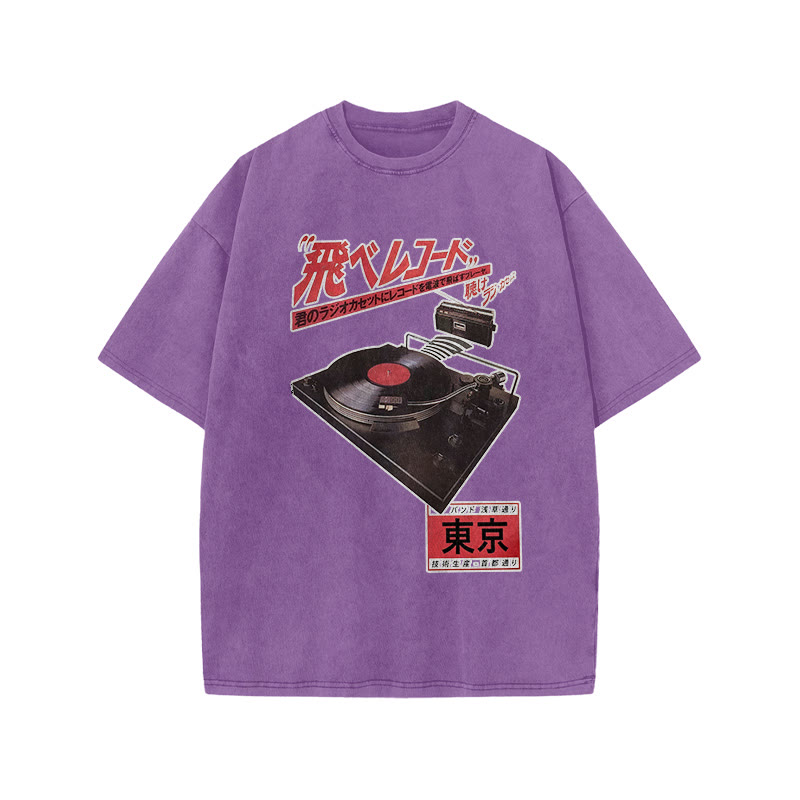 Vintage Japanese Phonograph Print Acid Washed T-shirt - Purple - US20-22(3XL) - image 9