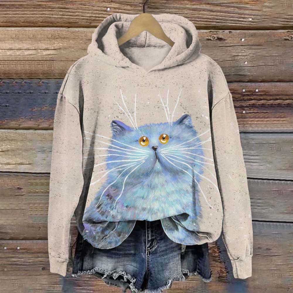 Blue Furry Cat Print Hoodie