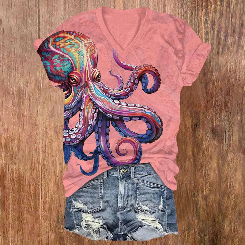 Retro Colorful Striped Octopus Art Print V-neck T-shirt - Pink - US32-34(5XL) - image 4