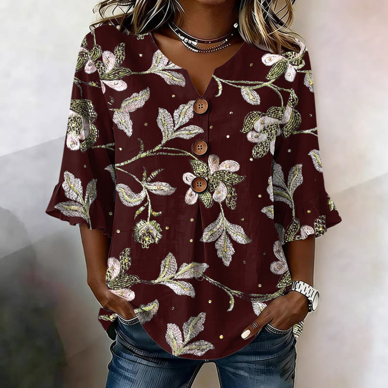 Vintage Sprawling Flowers Pattern Print Button V-neck Blouse With Ruffle Sleeves - Wine - US 22 (4XL) - image 3