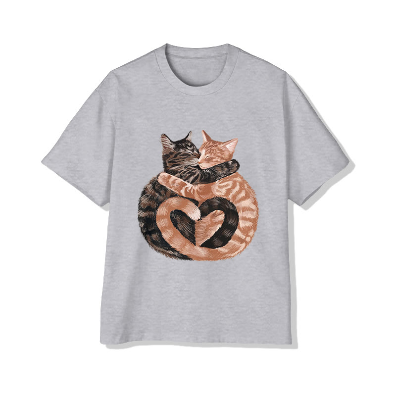 Unisex Valentine's Day Heart Shaped Cat Print Short Sleeved Crew Neck T-Shirt - Grey - 2XL - image 3
