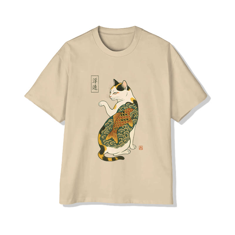 Unisex Japanese Koi Tattoo Maneki-neko Print Short Sleeved Crew Neck T-shirt - Apricot - 2XL - image 4