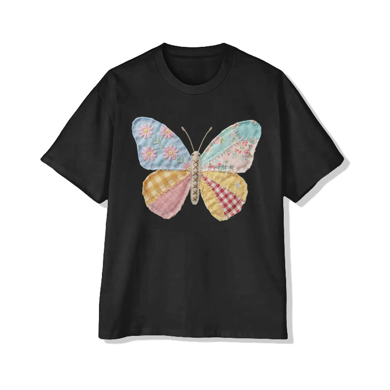  Pastoral Butterfly Floral Pattern Print Pattern Cotton Print T-shirt - Black - US16-18(2XL) - image 3