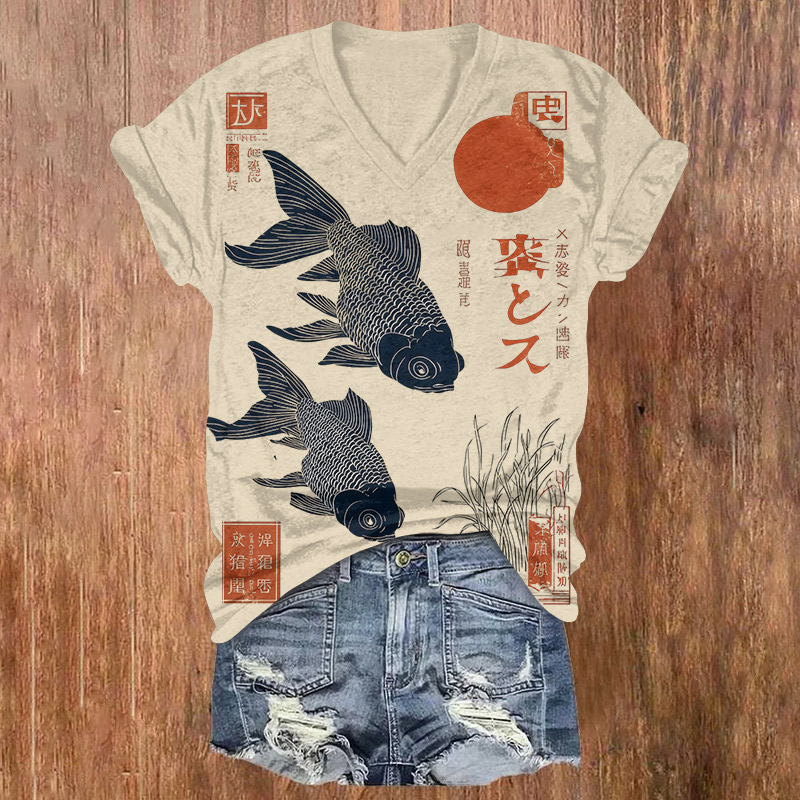 Japanese Letter Koi Carp Art Print Short Sleeved V-neck T-shirt - Apricot - US32-34(5XL) - image 1