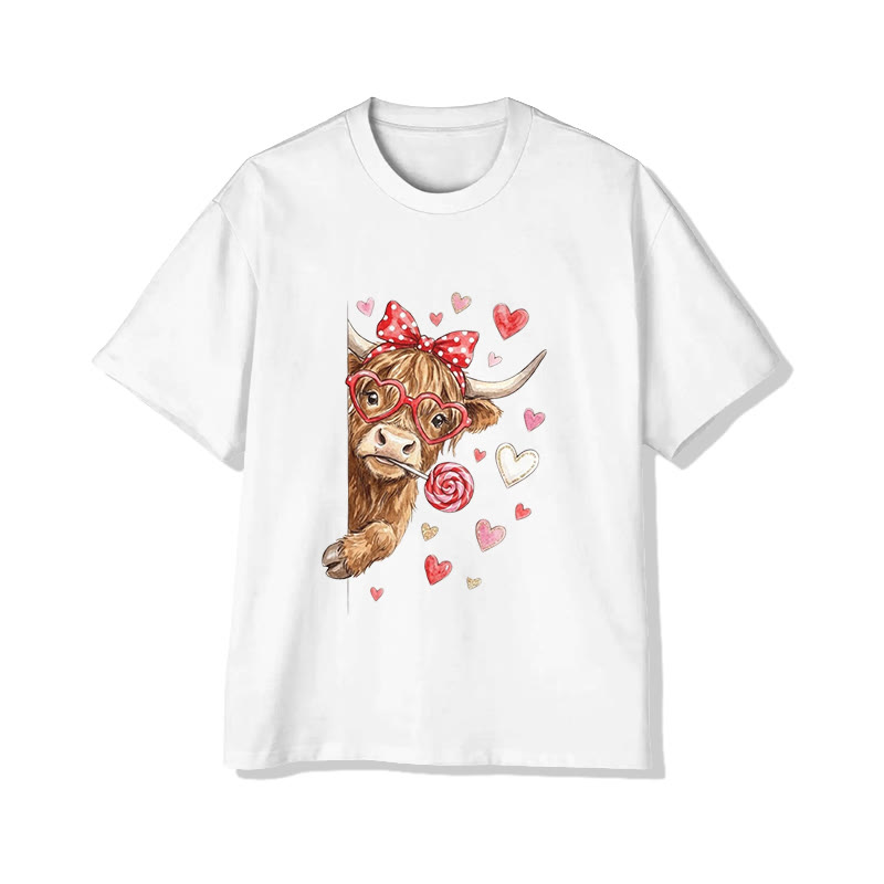 Unisex Lovely Valentine Highland Cow Print Short Sleeved Crew Neck T-shirt - White - 2XL - image 3