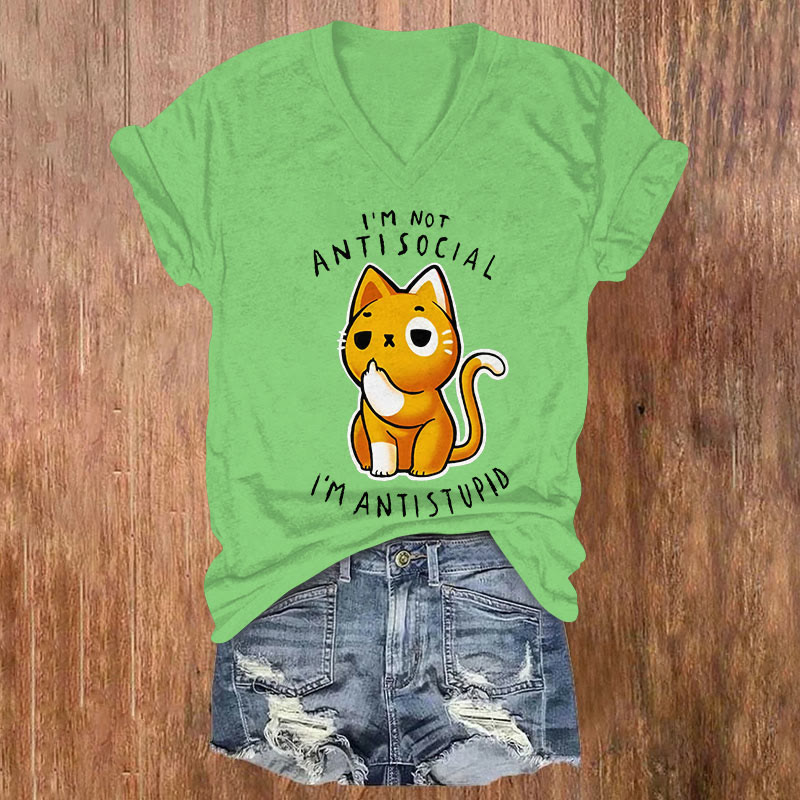 I'M NOT ANTISOCIAL I'M ANTISTUPID Print Short Sleeved V-Neck T-Shirt - Light Green - US32-34(5XL) - image 4