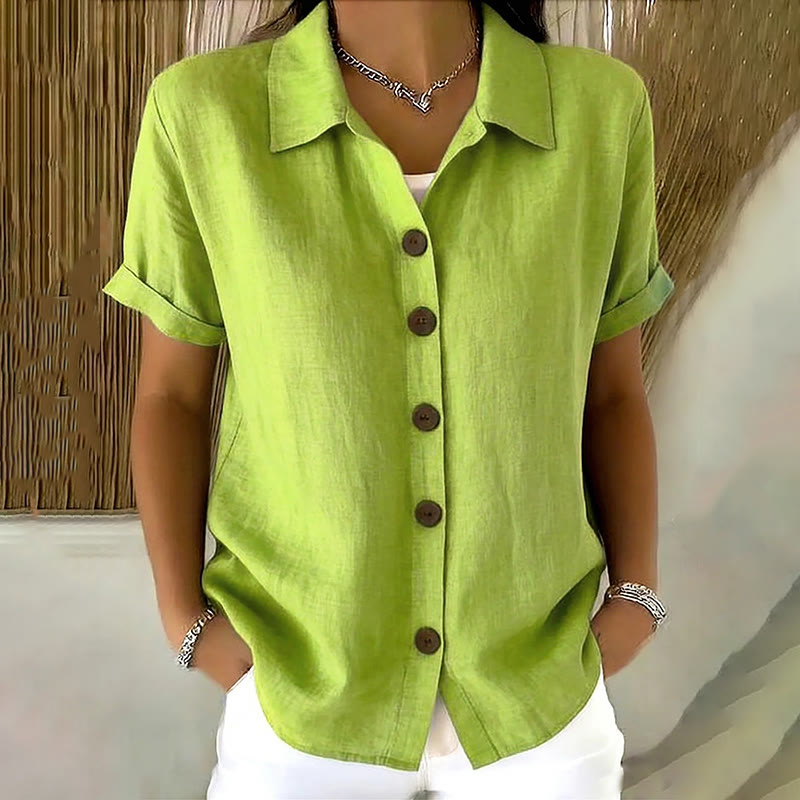 Elegant Solid Collared Button-up Short-sleeve Blouse - image 4