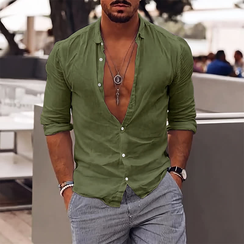 Men's Solid Color Holiday Long Sleeve Shirt - Army Green - 5XL - image 6