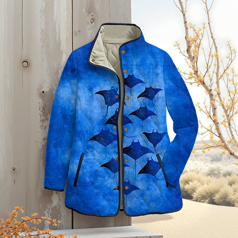 Vintage Manta Ray Art Print Outerwear Jackets - Dark Blue - 4XL - image 3