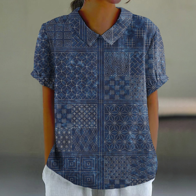Retro Geometric Pattern Print Casual Lapel Loose Blouse - Blue - 6XL - image 1