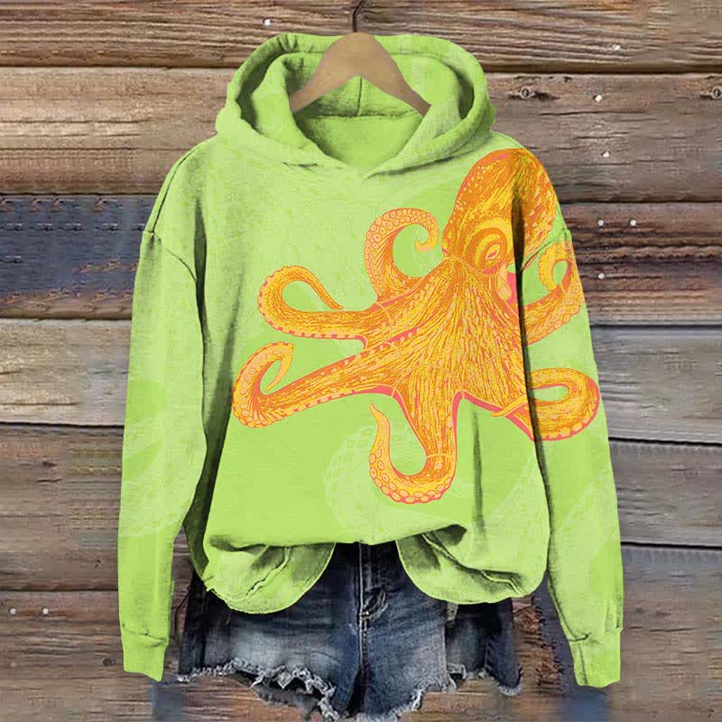 Creative Crayon Painting Octopus Art Print Long Sleeve Hoodie - Green - US44-46(8XL) - image 4