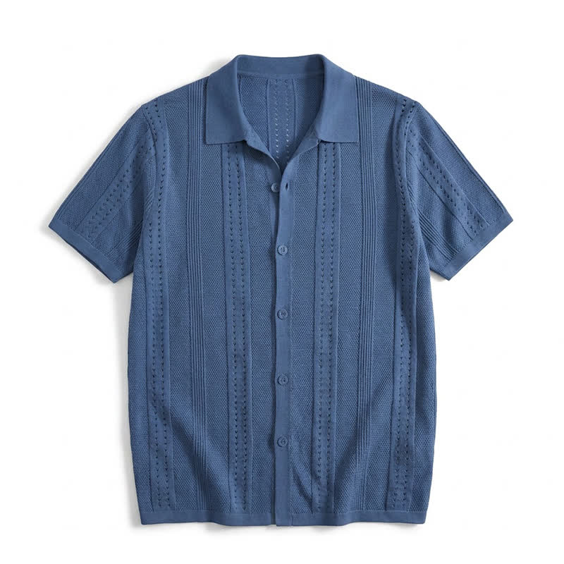 Men's Solid Color Knit Collared Short Sleeve Button Up Polo Shirt - Lake Blue - 4XL - image 13