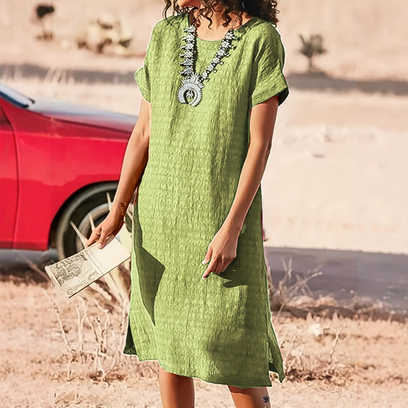 Elegant Solid Wrinkled Texture Round-neck Short-sleeve Slits Dress - Light Green - 3XL - image 11