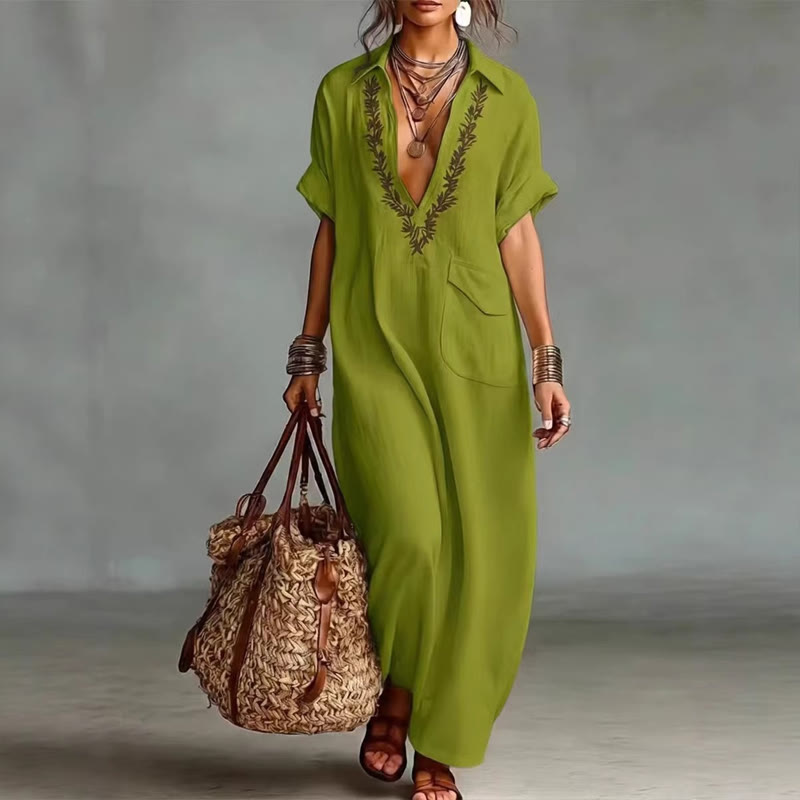 Elegant Solid Embroidered V-neck Pocket Lapel Short-sleeve Maxi Dress - Olive Green - 3XL - image 3