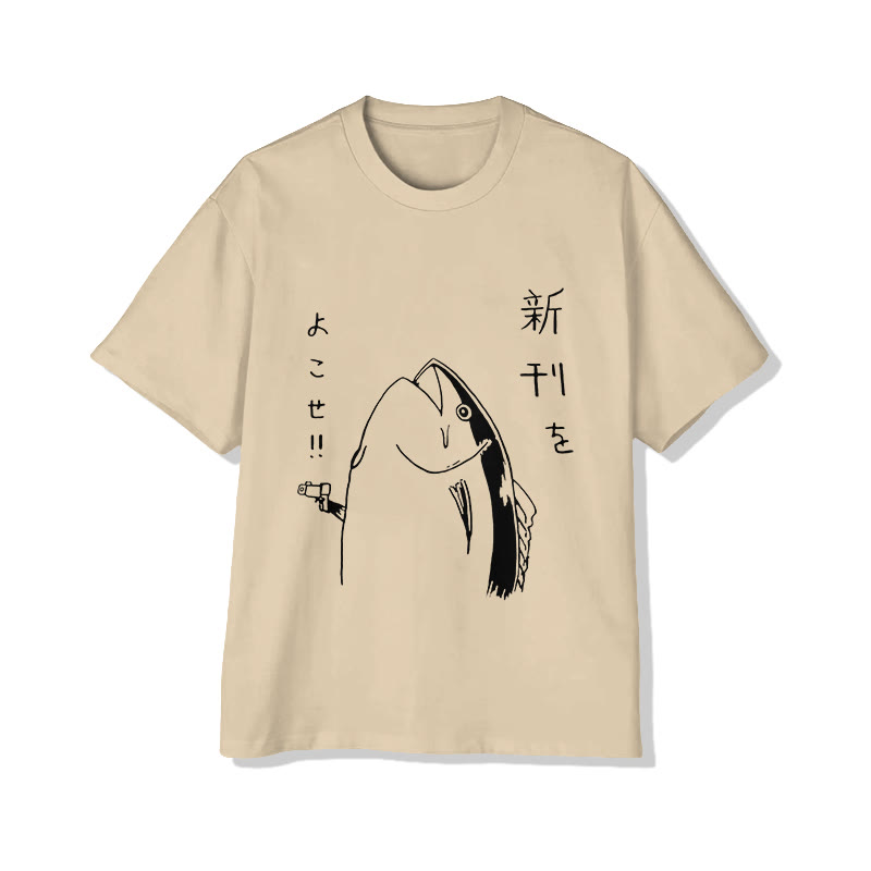 Unisex Japanese Style Funny Whale  Print Short Sleeve Crew Neck T-Shirt - Apricot - 2XL - image 3