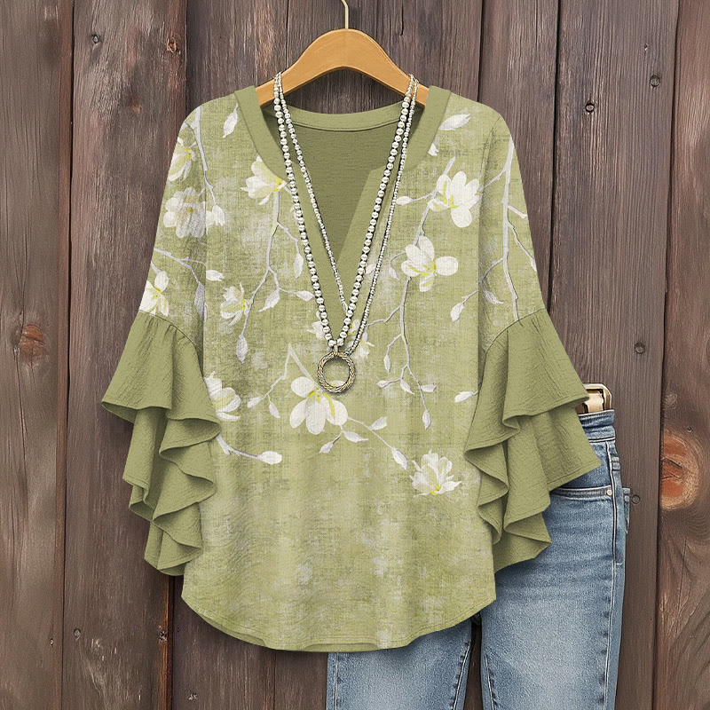 Vintage Zen Magnolia Art Pattern Print V-neck Half Sleeve Blouse - Olive Green - 5XL - image 3