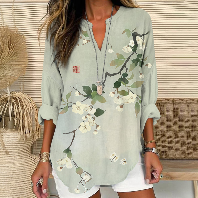 Lovely White Floral Art Print V Neck Long Sleeve Blouse - Light Green - 8XL - image 1