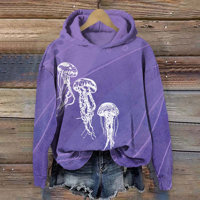 Funny Transparent Jellyfish Art Print Long Sleeve Hoodie - Purple - US44-46(8XL) - image 3