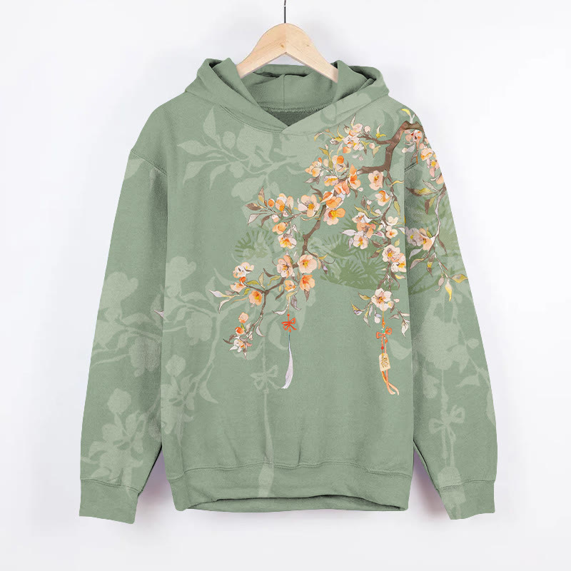  Japanese Peach Blossom With Prayer Ribbon Art Print Long Sleeve Hoodie - Green - US44-46(8XL) - image 3
