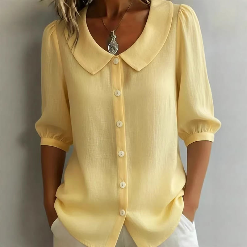 Elegant Solid Collared Button-up Half-sleeve Blouse - Yellow - 3XL - image 4