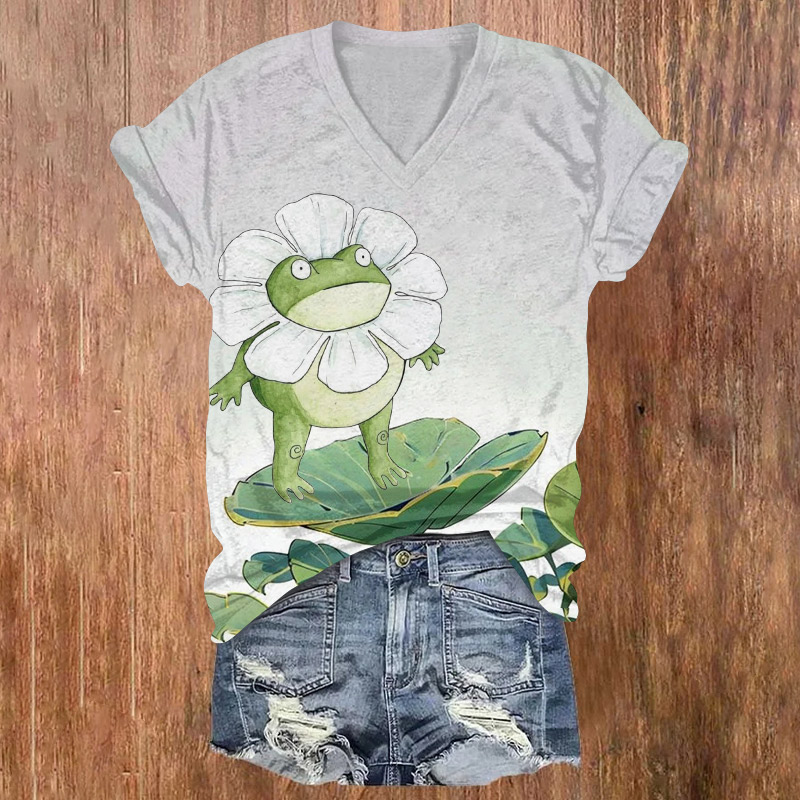 An Adorable, Whimsical Frog Standing On A Lotus Leaf Printed Short Sleeved V-neck T-shirt - Light Gray - US32-34(5XL) - image 1
