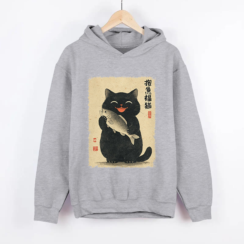 Unisex Lucky Cat’s Catch Pattern Long Sleeved Hoodie - Grey - US44-46(8XL) - image 3