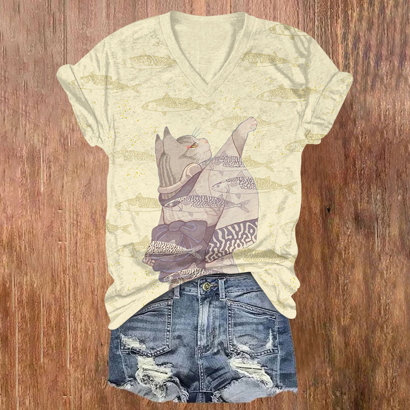 Japanese Kimono Cat Waving To The Fish Print V-neck T-shirt - Apricot - US32-34(5XL) - image 3