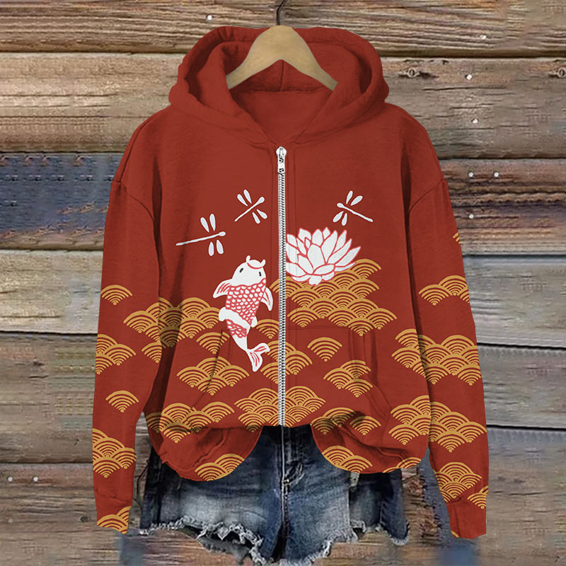 Japanese Style Koi Fish Dragonfly Wave Print Long Sleeve Zipper Hoodie - Red - US28-30(4XL) - image 5