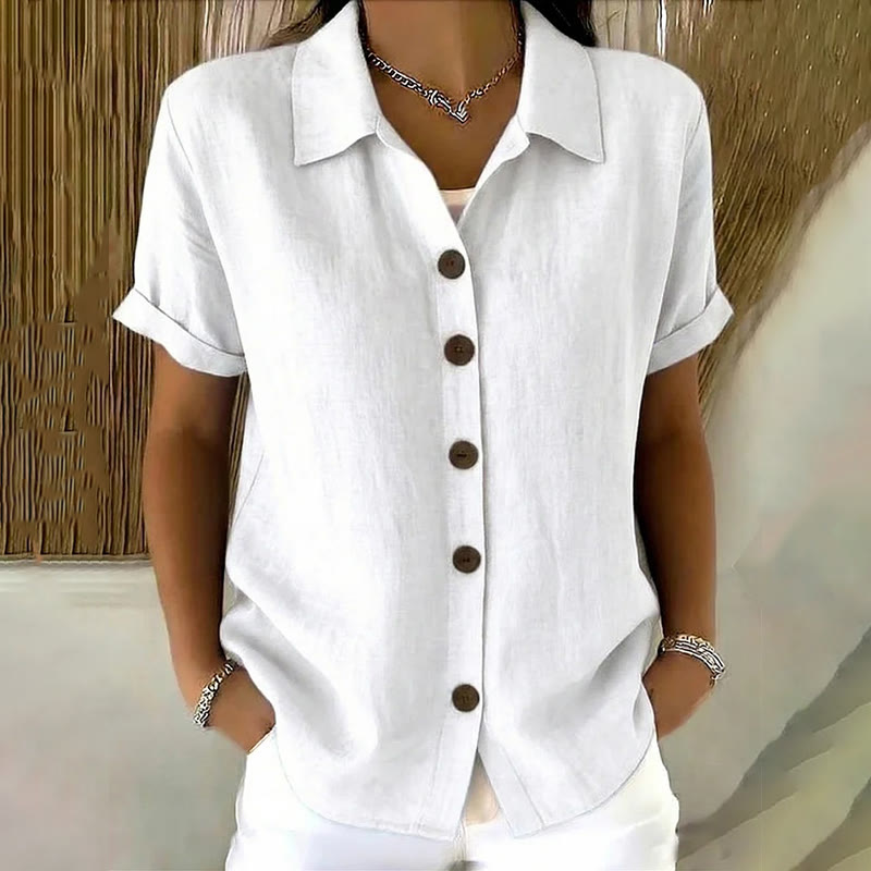 Elegant Solid Collared Button-up Short-sleeve Blouse - White - 3XL - image 5