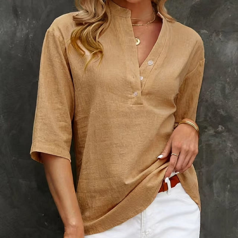 Elegant Solid Henley Collar Buttons 3/4 Sleeve Blouse - Khaki - 2XL - image 4