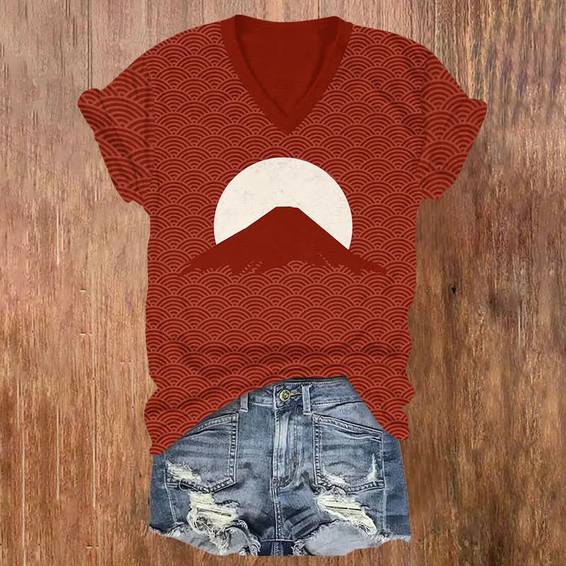  Japanese Sunrise Of Mount Fuji Art Print V-neck T-shirt - Red - US32-34(5XL) - image 4