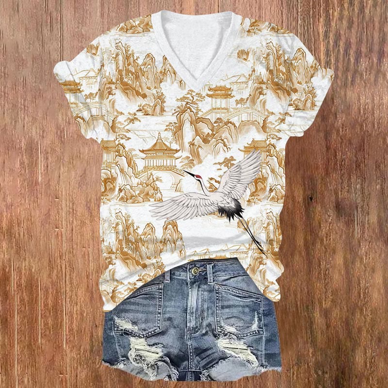 Mountain & Crane Print V-neck T-shirt - Yellow - US32-34(5XL) - image 3