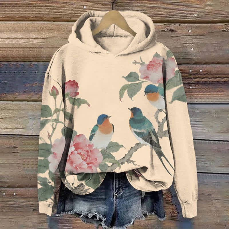Vintage Rose Blossom & Bird Art Print Long Sleeve Hoodie - Apricot - US44-46(8XL) - image 5