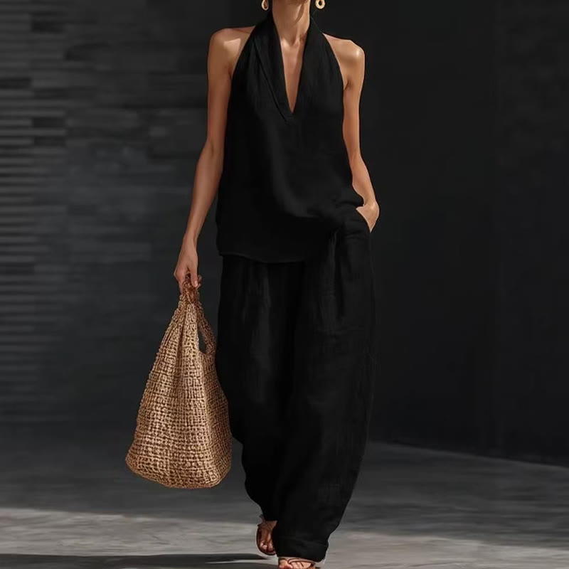 Cozy Loose-fitting Solid Lapel Halter-neck Sleeveless Top&pants Set - Black - 5XL - image 5