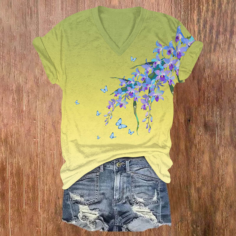 Vintage Ombre Violet Flowers Print V-neck T-shirt - Green - US32-34(5XL) - image 4